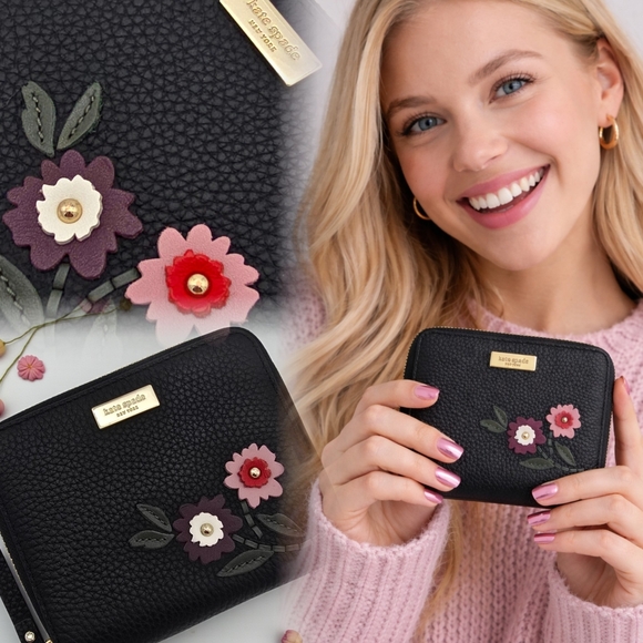 Kate Spade Laurel Way Darci Floral Appliqué Zip Wallet Black Pebbled Leather - Picture 3 of 16